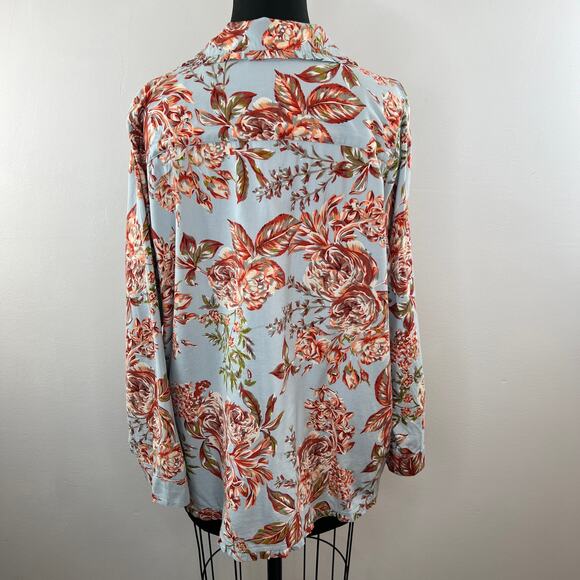 Soft Surroundings Blue Pink Floral Button-Up Sleep Shirt Cotton Blend Ruffle L - Picture 4 of 5